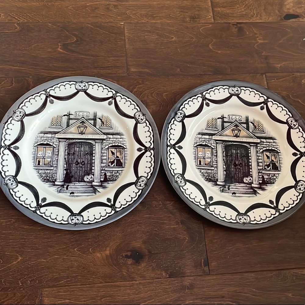 Royal Stafford Set of 2 Halloween Theme Haunted House Dinner plates Witch - Picture 1 of 2